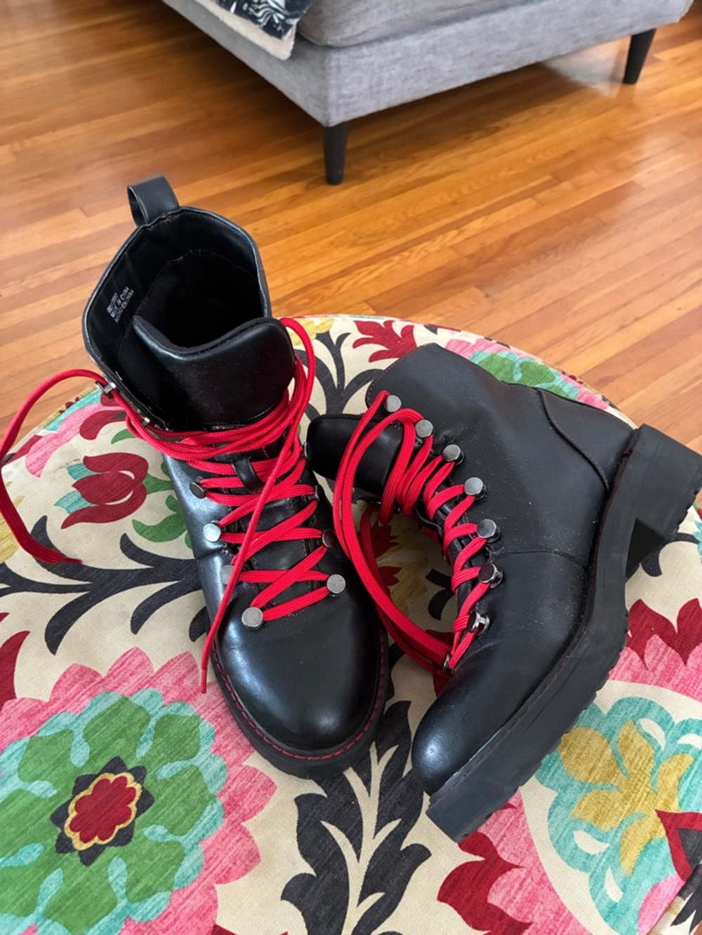 Forever 21 Black Lace-Up Combat Boots with Red Laces